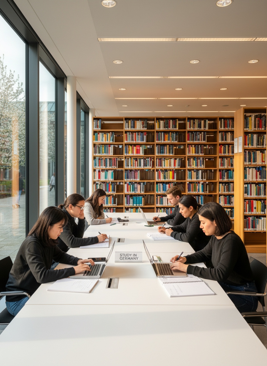 A bright, contemporary German university library interior, captured in photographic realism. Long rows of light oak bookshelves filled with colorful academic books stretch into the background, while wide tables with minimalistic white surfaces and neatly placed laptops, notebooks, and pens occupy the foreground. Large floor-to-ceiling windows on one side reveal a hint of a green campus courtyard. Soft afternoon daylight floods the room, complemented by discreet ceiling lights, creating a focused yet welcoming atmosphere. The composition is eye-level with a gentle depth of field that keeps foreground details crisp and background slightly softened, emphasizing an organized, studious environment for international students planning to study in Germany.