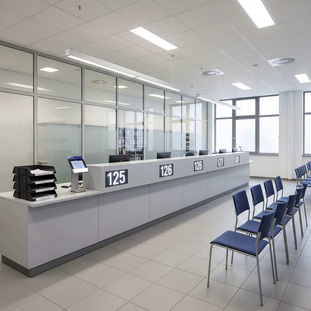 A clean, modern German immigration office reception area depicted with photographic realism. A sleek, light-gray service counter with numbered digital display panels stands prominently, with neatly arranged document trays and a small sign-in terminal. Behind the counter, frosted glass partitions and organized filing cabinets suggest efficient administration. Metal-framed chairs with dark blue upholstery form orderly rows in the waiting area. Cool, even fluorescent lighting from the ceiling panels mixes with a bit of natural light from high windows, creating a professional, slightly formal mood. The camera is positioned at a slightly elevated angle, capturing the entire reception zone with sharp focus, illustrating the visa and residence permit process without any people present.