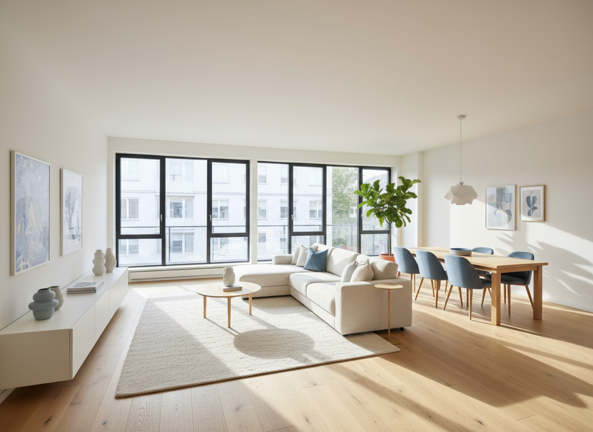 Editorial photograph of a bright, airy German apartment interior with large windows, wooden floors, minimalist furnishings, warm natural daylight streaming in. Professional real estate magazine style, clean and inviting, muted tones with soft blue accents. No people, no text.