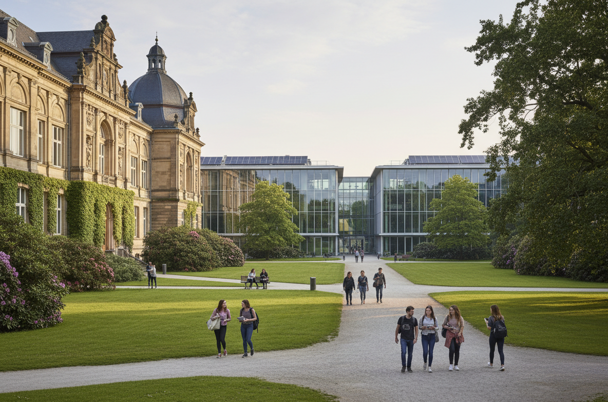 Editorial photograph of a German university campus, modern and historic buildings, students walking on paths, green lawns, European academic atmosphere, soft natural daylight, professional documentary style, no text