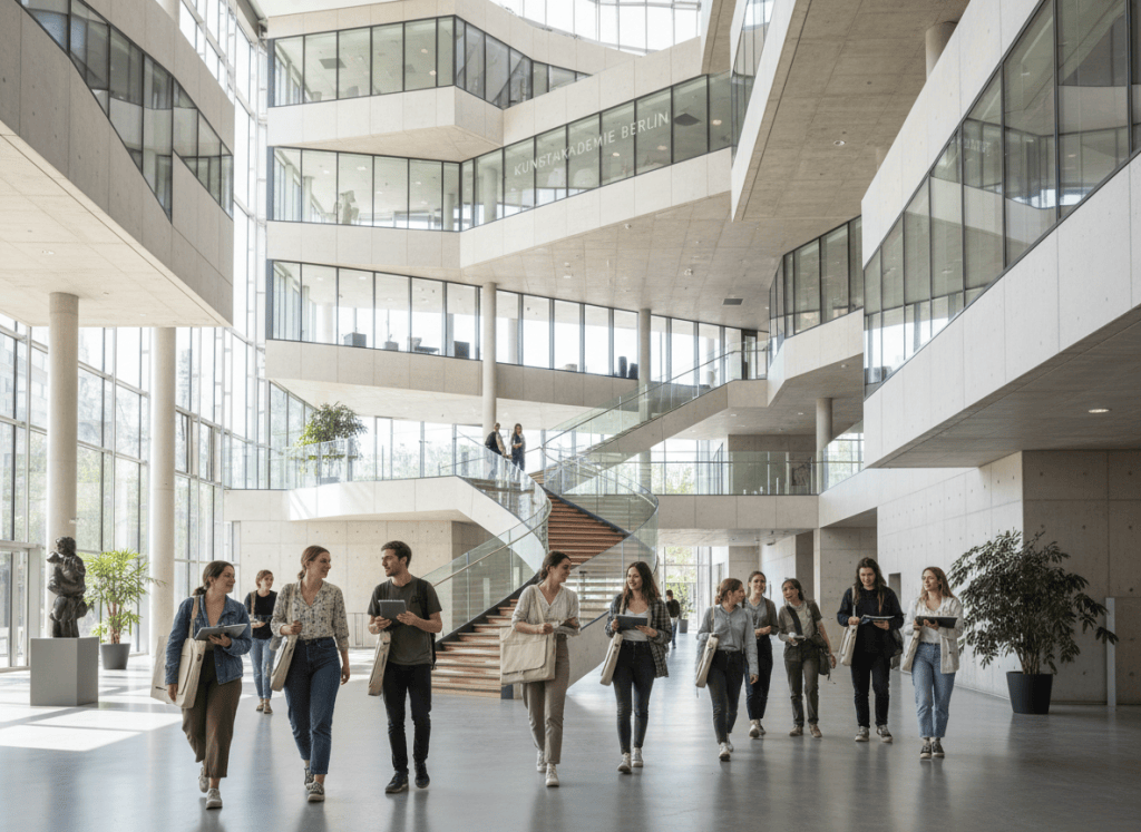 A bright, professional photo of a German art university building with students carrying portfolios and sketchbooks, modern European architecture, natural daylight, clean and inspiring atmosphere