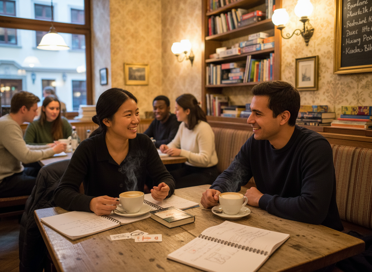 Two people sitting across from each other at a cozy German café table, having a friendly conversation with coffee cups, notebooks open, warm interior lighting, language exchange atmosphere, diverse nationalities