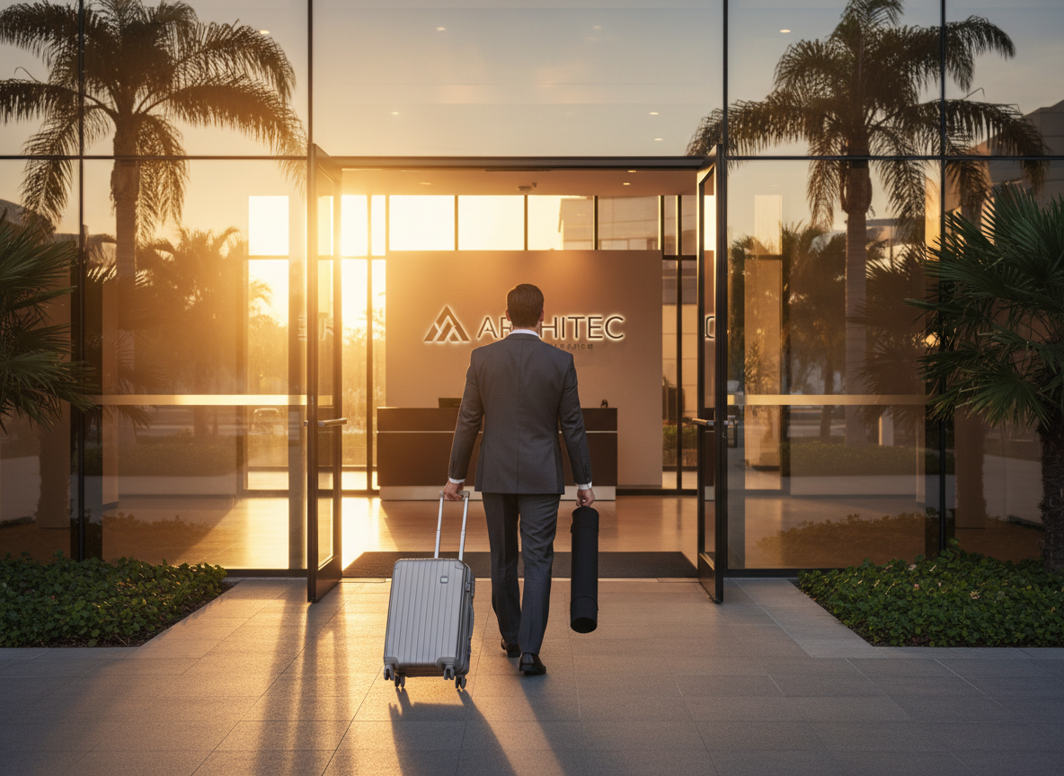 A man's back view walking into a company main entrance, carrying a rolling suitcase in one hand and a large portfolio art tube/cylinder case in the other hand. Corporate office building glass doors in front. Professional cinematic lighting, realistic style, warm tones.