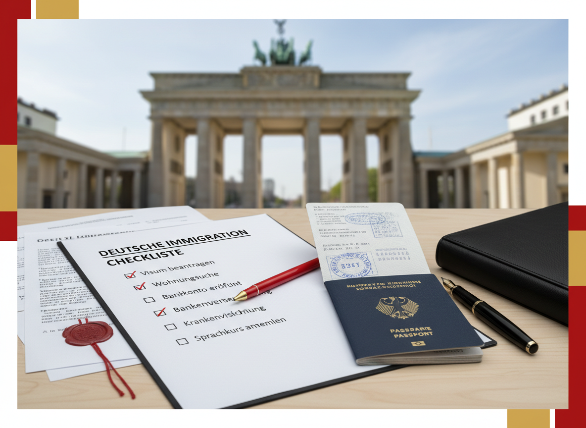 A professional hero image for a German immigration preparation checklist blog post. Shows a organized checklist document with German landmarks in the background (Brandenburg Gate), passport, pen, and official documents on a clean desk. Modern, professional style with German flag colors (black, red, gold) as accents. Clean and informative feel.