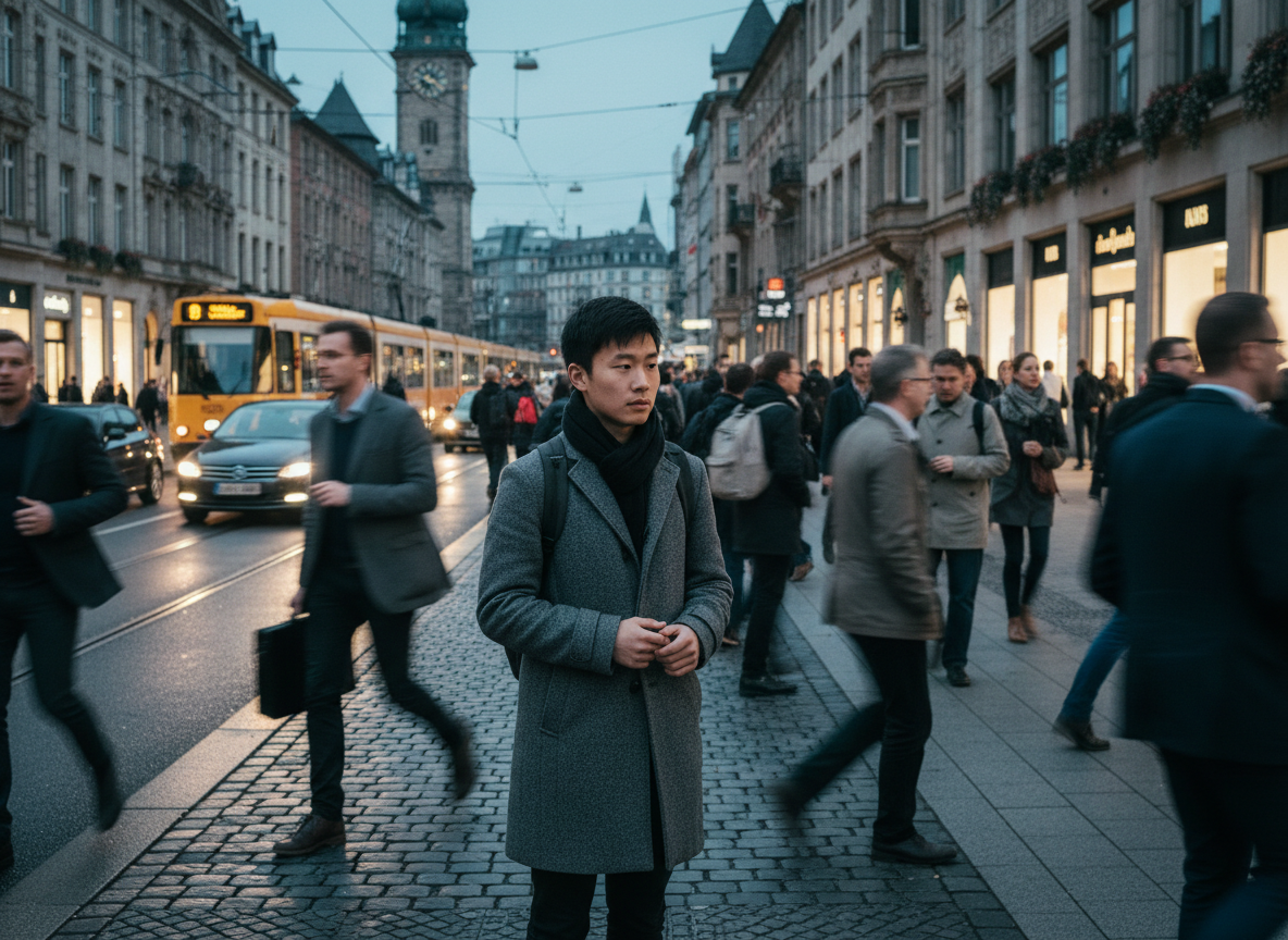A young Asian person standing alone on a busy European city street, looking slightly uncertain or contemplative. Around them, many German people are walking briskly in all directions, busy and purposeful. Cars and trams are passing by on the street. The setting is a typical German city — cobblestone sidewalks, European architecture, a lively urban atmosphere. The Asian person stands still amid the flow of people and traffic, creating a sense of solitude in a crowd. Cinematic, realistic style, warm but slightly melancholic lighting.