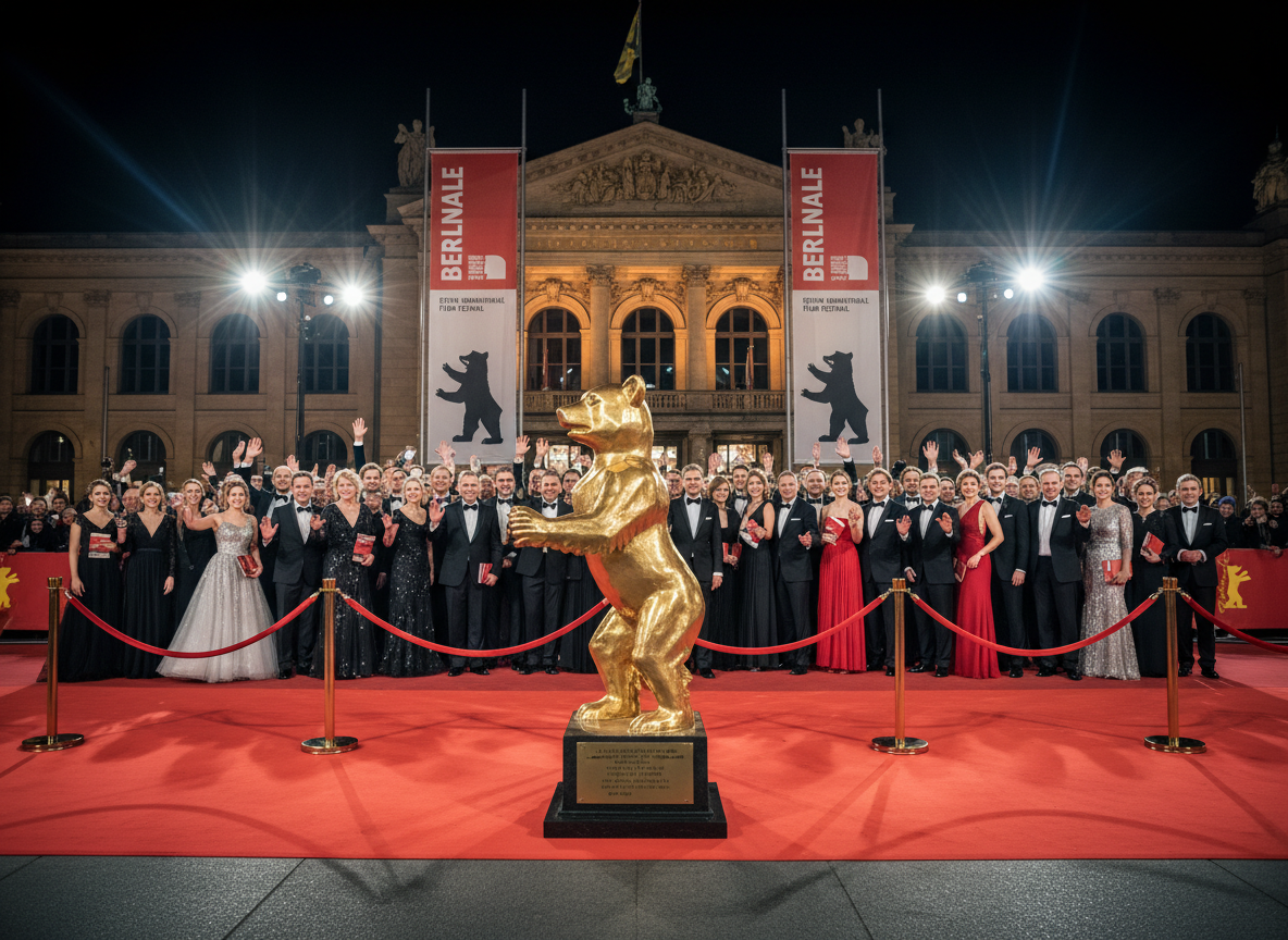 Berlinale Berlin International Film Festival. A glamorous red carpet scene at night with the iconic golden Berlin Bear (Goldener Bär) trophy, bright camera flashes, elegant guests in formal attire, large Berlinale banners and logos, and the historic Berlin architecture in the background. Cinematic, dramatic lighting, photorealistic style.