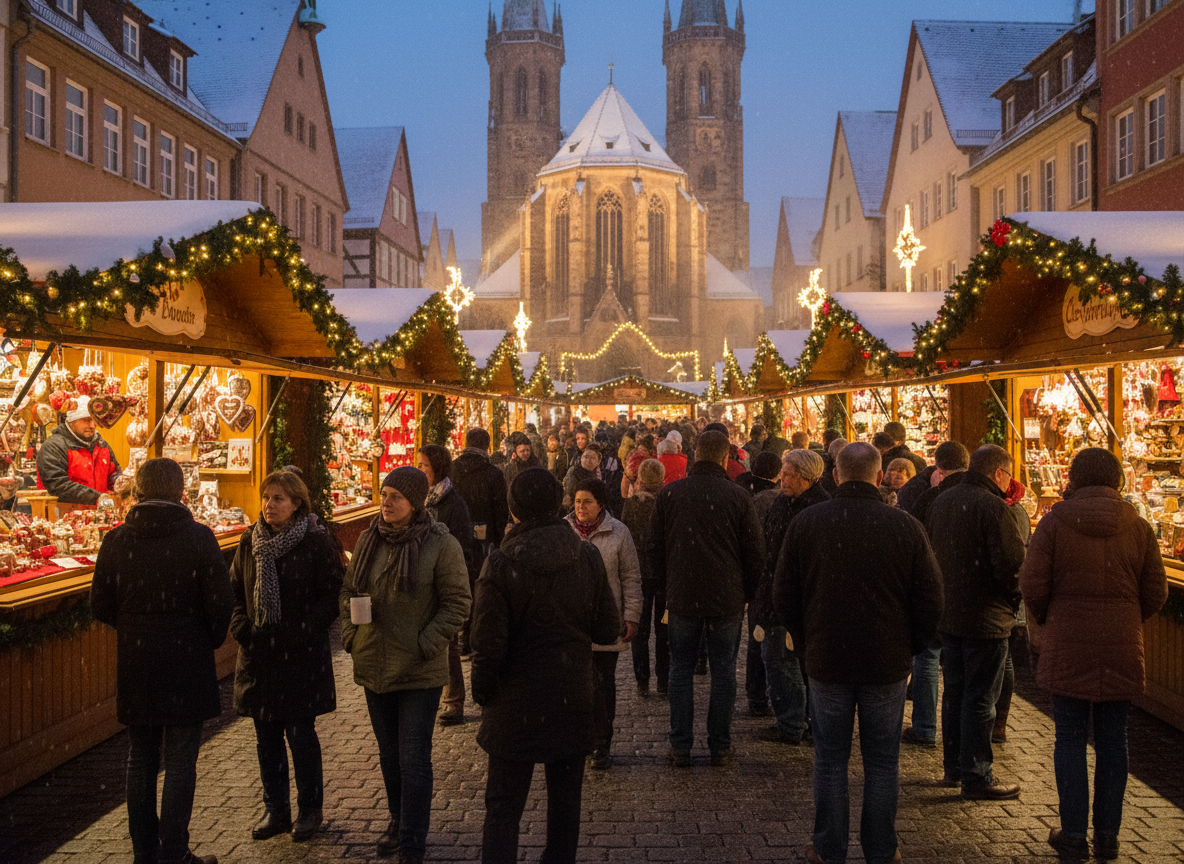 Nürnberger Christkindlesmarkt, the famous Nuremberg Christmas market in Bavaria, Germany. A magical winter scene with rows of traditional wooden market stalls decorated with lights and garlands, vendors selling handcrafted ornaments, gingerbread (Lebkuchen), and mulled wine (Glühwein). Crowds of visitors in warm winter clothing strolling through the market, the historic Nuremberg old town with the beautiful Church of Our Lady (Frauenkirche) illuminated in the background, snow dusting the rooftops, warm golden and red festive lighting, magical Christmas atmosphere, photorealistic style.