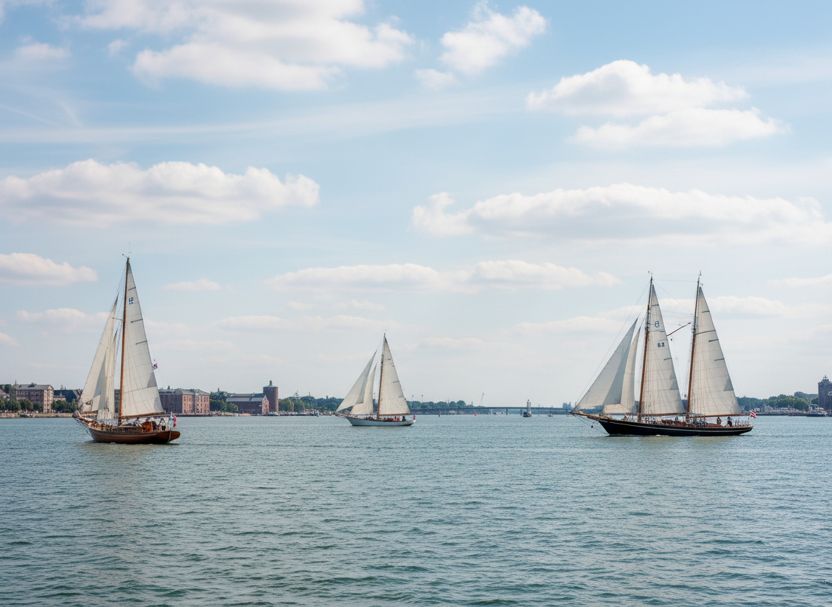 Kieler Woche sailing regatta in Kiel, Schleswig-Holstein, Germany. A serene and photorealistic wide-angle scene of the Kiel Fjord with elegant tall sailing ships and classic yachts gliding on calm blue-green water under a clear summer sky with soft white clouds. The historic Kiel waterfront with classic architecture faintly visible in the background. Natural daylight, peaceful and open atmosphere, only a few sailors visible on the boats, no crowds, no busy areas. Realistic photography style.