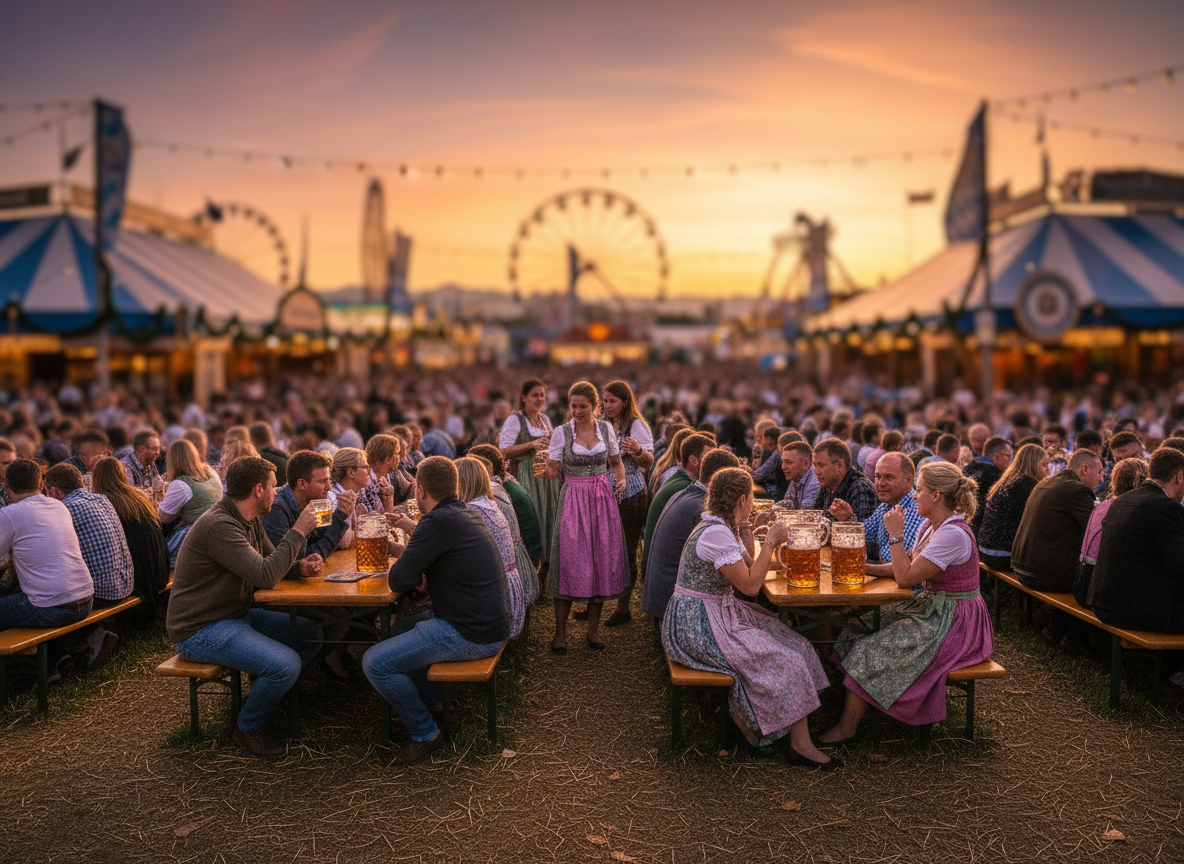 Oktoberfest in Munich, Bavaria, Germany. A candid, natural-looking scene at the festival grounds during late afternoon golden hour. A few wooden beer tables and benches scattered outside a large tent, some visitors casually sitting and chatting with beer mugs in hand, wearing a mix of regular clothes and some traditional Bavarian dirndl and lederhosen. The scene feels relaxed and unposed — not crowded, not perfectly arranged. Fallen autumn leaves on the ground, warm ambient lighting, soft bokeh in the background with blurred fair rides and tent rooftops. Documentary photography style, handheld camera feel, slightly imperfect composition, realistic and candid.