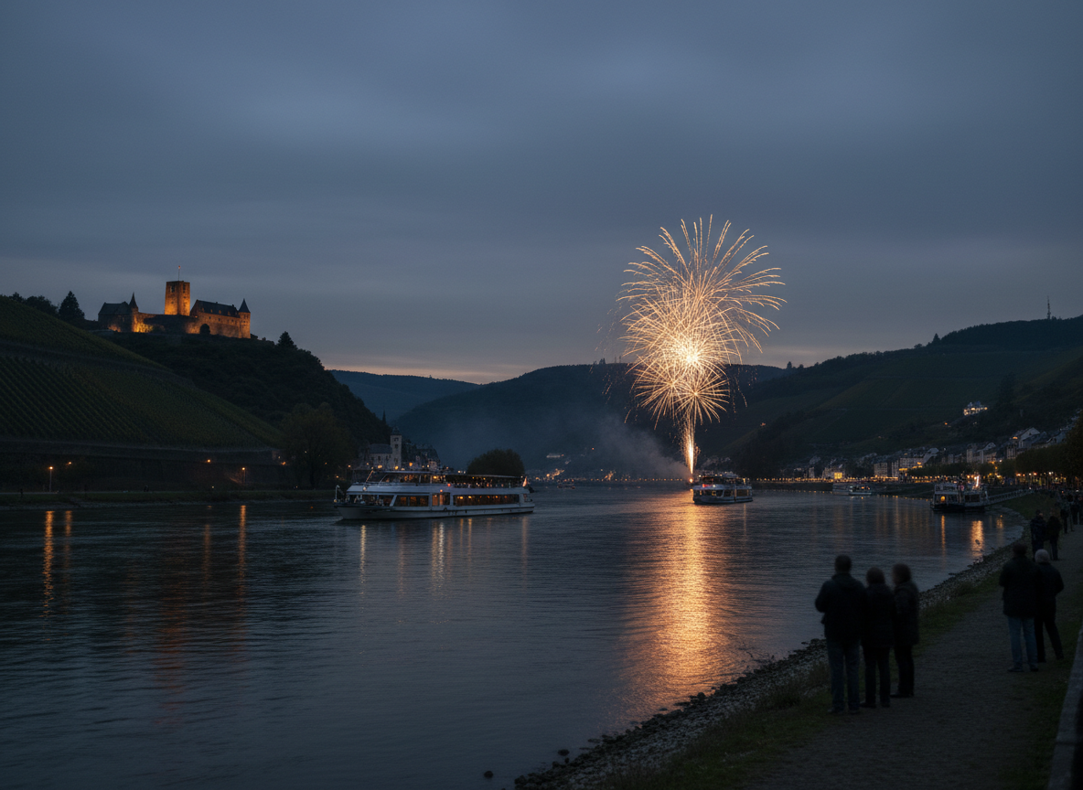 Rhein in Flammen (Rhine in Flames) festival in Germany. A quiet and atmospheric evening scene along the Rhine River. A few traditional passenger boats with warm glowing windows drift slowly on the calm dark river. Gentle golden and orange fireworks burst softly in the distant sky, their warm reflections shimmering on the water surface. Medieval castle silhouette on a hillside in the background, lush vineyard slopes fading into the dusk. Only a handful of people visible watching from the riverbank. Natural, cinematic, candid documentary photography feel, wide angle, moody twilight tones, realistic.