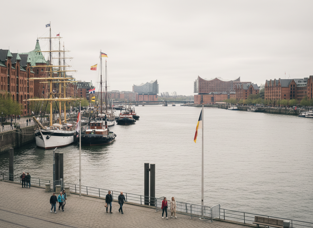 Hamburger Hafengeburtstag, Hamburg Port Anniversary festival, Germany. A natural and atmospheric scene of the Hamburg harbour on a mild spring day. A few large historic tall ships and tugboats moored along the Landungsbrücken waterfront, their flags fluttering lightly in the breeze. The iconic red-brick Speicherstadt warehouse district and the modern Elbphilharmonie concert hall faintly visible across the calm Elbe river. A handful of visitors strolling along the promenade, relaxed and unhurried. Soft overcast daylight, muted natural tones, wide angle, candid documentary photography feel, realistic and natural. No crowds, no staged poses.