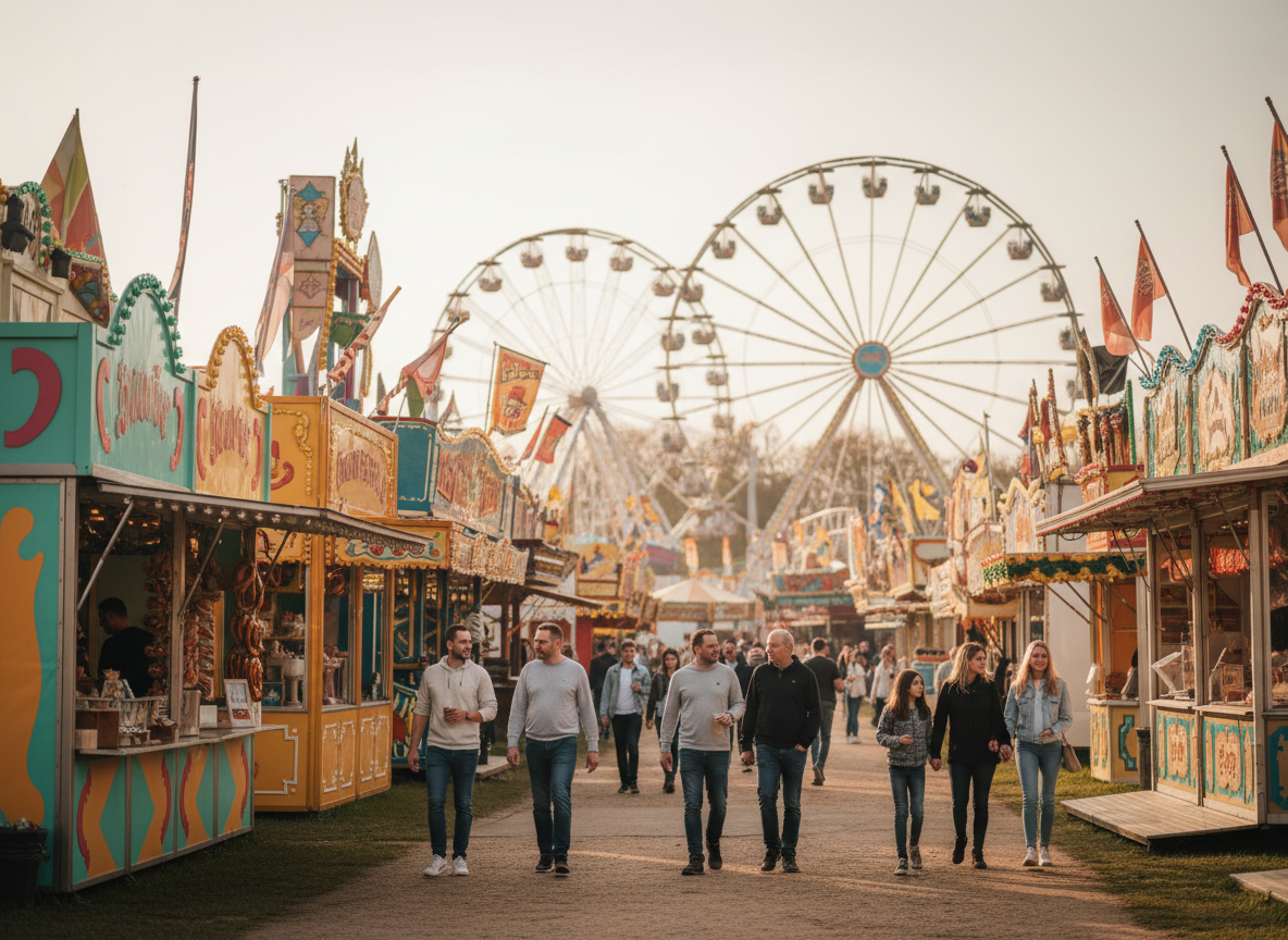 Stuttgarter Frühlingsfest spring festival in Stuttgart, Baden-Württemberg, Germany. A naturally bright and warm spring day at the outdoor festival grounds (Cannstatter Wasen). Colorful carousel rides and amusement rides visible in the soft background. Rows of vibrant carnival tents and food vendor stalls with warm golden and pastel colors lining the grounds. People leisurely strolling, walking slowly without crowds, relaxed and unhurried atmosphere. Soft spring sunlight, warm natural daylight, documentary photography style, candid and realistic feel, not staged, wide-angle view capturing the festive but calm spring mood.