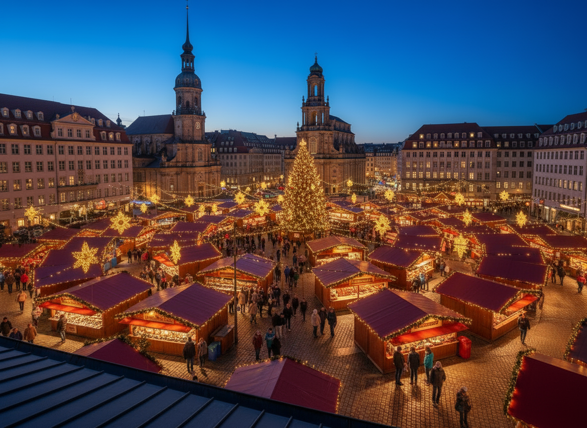 Dresdner Striezelmarkt Christmas market in Dresden, Germany. Aerial/elevated wide-angle view at blue hour dusk. The historic Altmarkt square packed with many visitors strolling between traditional red-roofed wooden market stalls. Warm golden and amber fairy lights glowing across hundreds of stalls. A tall decorated Christmas tree illuminated at the center. Crowds of people — families, couples, groups — walking through the narrow lanes between stalls, browsing goods, holding mulled wine cups. The distinctive tower of the Kreuzkirche visible in the background against a deep blue twilight sky. Rich warm light reflecting off the cobblestones. Atmospheric, cinematic, photorealistic style, top-down perspective similar to a real editorial photograph.