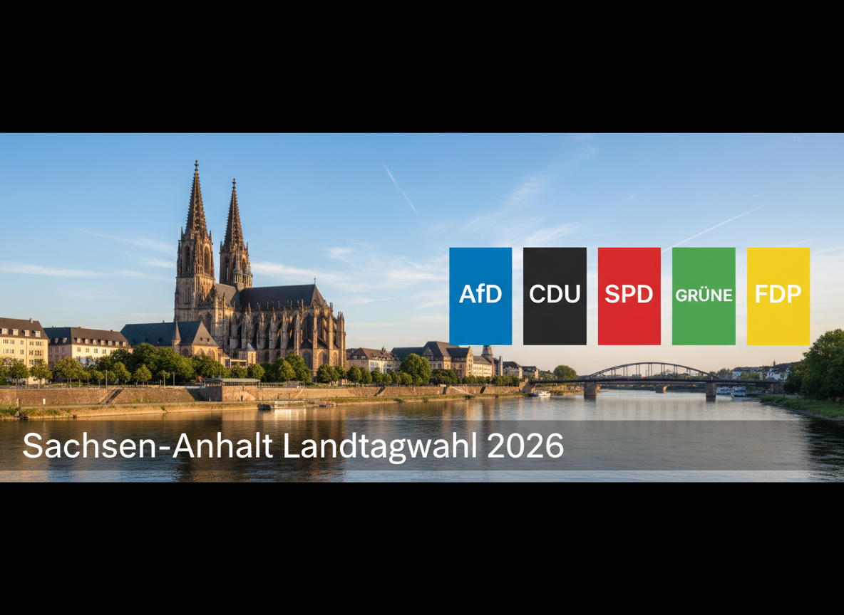 A professional editorial-style image for a German state election article. Left side shows a scenic view of Saxony-Anhalt, Germany — featuring the Magdeburg Cathedral (Magdeburger Dom) along the Elbe river with blue sky. Right side or overlay shows a clean, modern election graphic with German political party logos/colors arranged in a row: AfD (blue), CDU (black), SPD (red), Grüne (green), FDP (yellow) — depicted as colored blocks or banners with party abbreviations in white text. The overall composition looks like a news article thumbnail, balanced and professional, with subtle "Sachsen-Anhalt Landtagswahl 2026" text at the bottom.