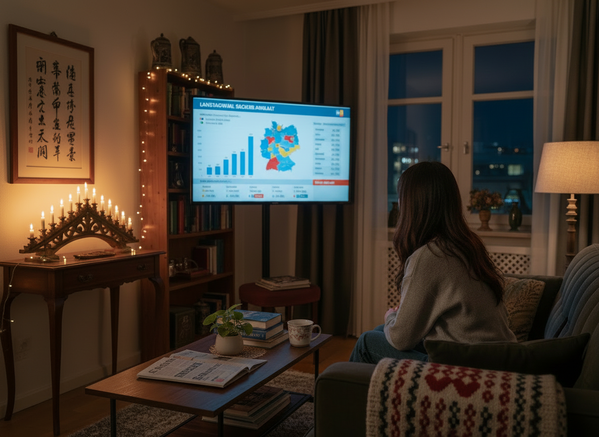 A person sitting in a cozy German apartment living room at night, watching election results on a TV screen showing a map of Saxony-Anhalt, Germany. The person is seen from behind or from the side with face not visible. The room has warm lighting with a mix of Korean and German cultural elements — a Korean ceramic mug on the table, German textbooks, a small plant. The TV displays bar charts and percentages typical of German election night coverage. The mood is contemplative and slightly tense. Cinematic, realistic style. No face visible at all.