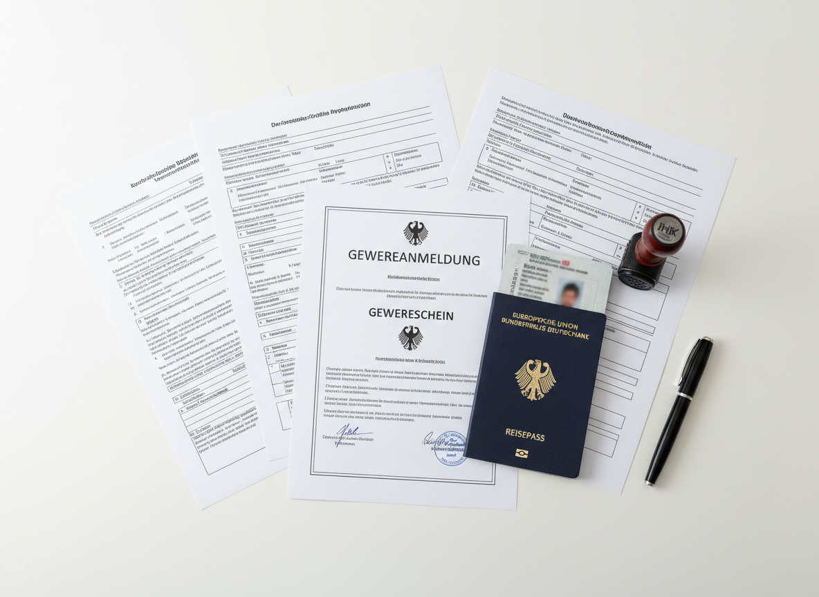 A realistic flat-lay photo of German business registration documents spread on a clean white desk. Documents include a Gewerbeschein (trade license certificate), official forms with German text, a German passport or ID card, a pen, and an official stamp. The overall look is clean, professional, and documentary-style. Neutral tones with crisp lighting.