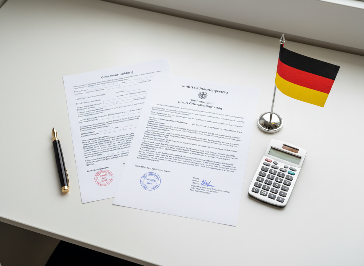 A professional flat-lay photo of German business registration documents (Gewerbeanmeldung, GmbH Gründungsvertrag) on a clean white desk. Documents show official German text and stamps. Beside them: a fountain pen, a small German flag, and a calculator. Clean, modern, professional atmosphere. Soft natural lighting.