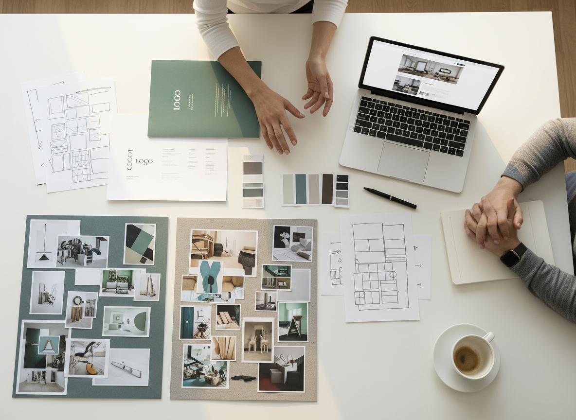 A flat lay / bird's eye view looking directly down at a white desk. Only hands visible — no faces or bodies. Two pairs of hands: one pair belonging to a designer presenting work, one pair belonging to a client. On the table: printed design proposals, mood boards, color swatches, a laptop showing design mockups, scattered papers with layouts, a pen, and a coffee cup. Clean, modern, professional aesthetic. Warm natural lighting. Minimal and elegant composition.
