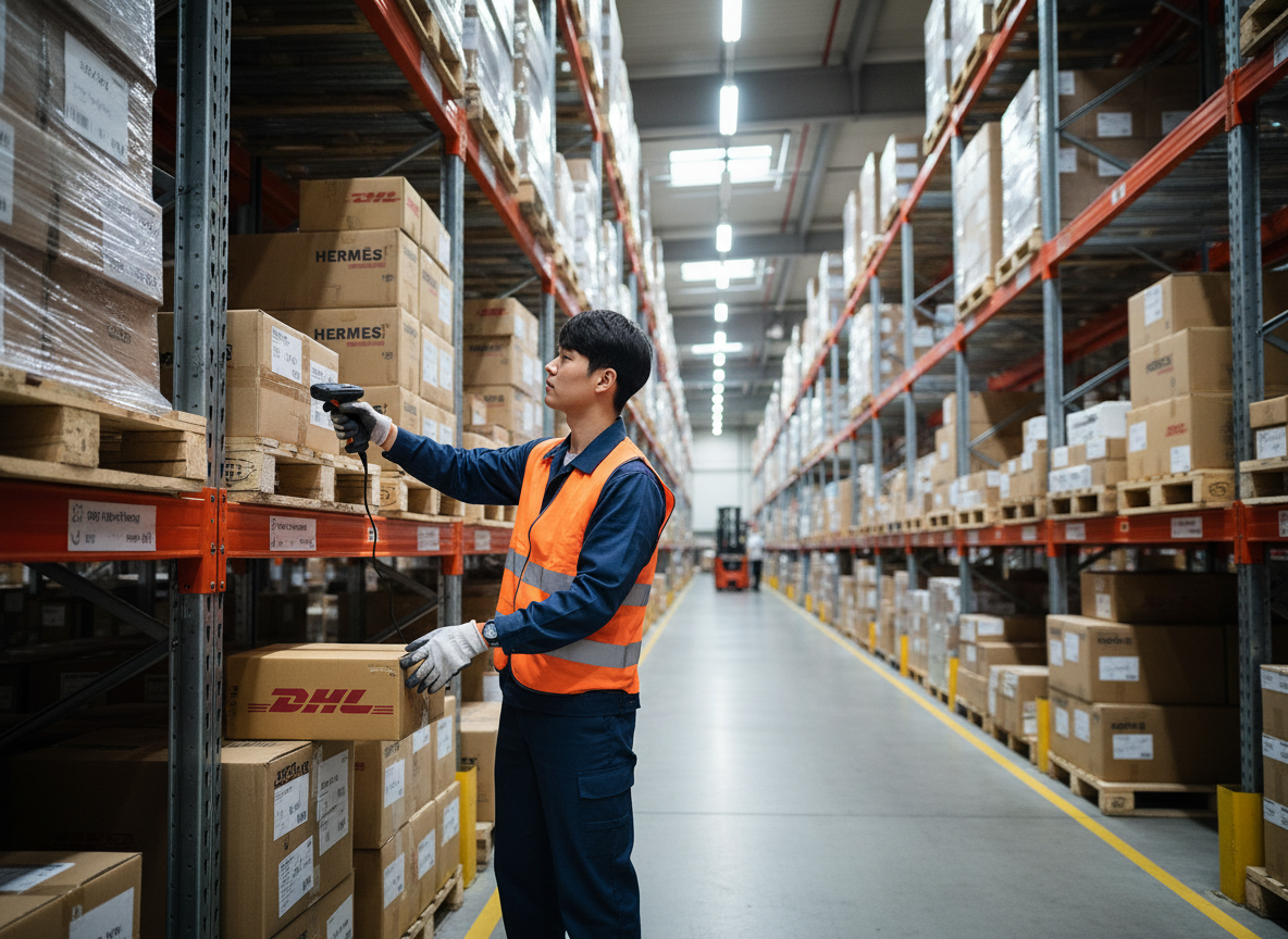 A Korean person working in a German logistics warehouse. The scene shows a young Asian man in his 20s wearing a warehouse uniform, safety vest, and gloves, scanning packages or moving boxes on shelves in a large warehouse. The lighting is industrial, with high ceilings and warehouse racking visible in the background. The atmosphere is realistic and documentary-style, capturing the experience of working a part-time job in Germany.