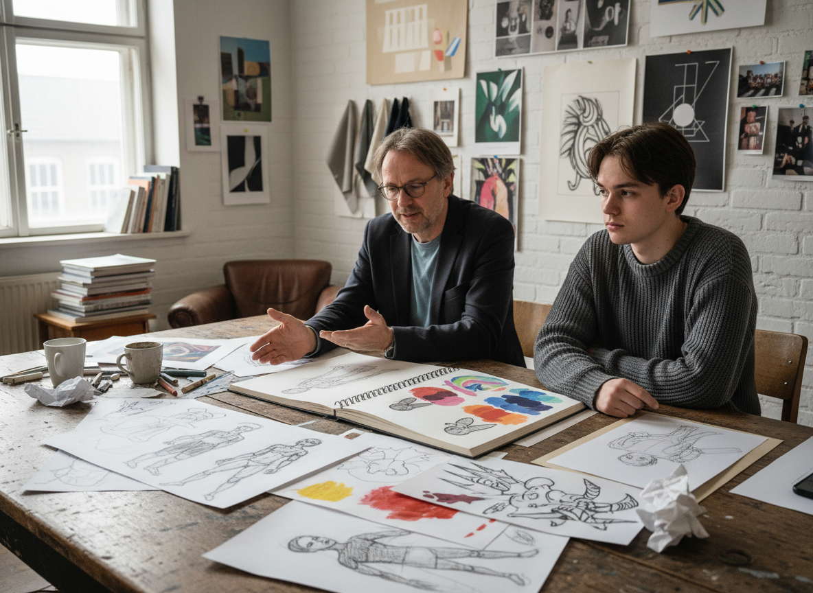 A warm, realistic scene of a German art school portfolio consultation (Mappenberatung). A professor or advisor sits across a large wooden table from a young student, reviewing an open portfolio/sketchbook filled with hand-drawn sketches, design concepts, and experimental drawings. The room has a studio atmosphere with natural light, white walls, and design works pinned on the wall in the background. The mood is thoughtful and personal, not formal. Analog drawings and loose sketches are spread on the table. Documentary photography style, soft natural lighting.
